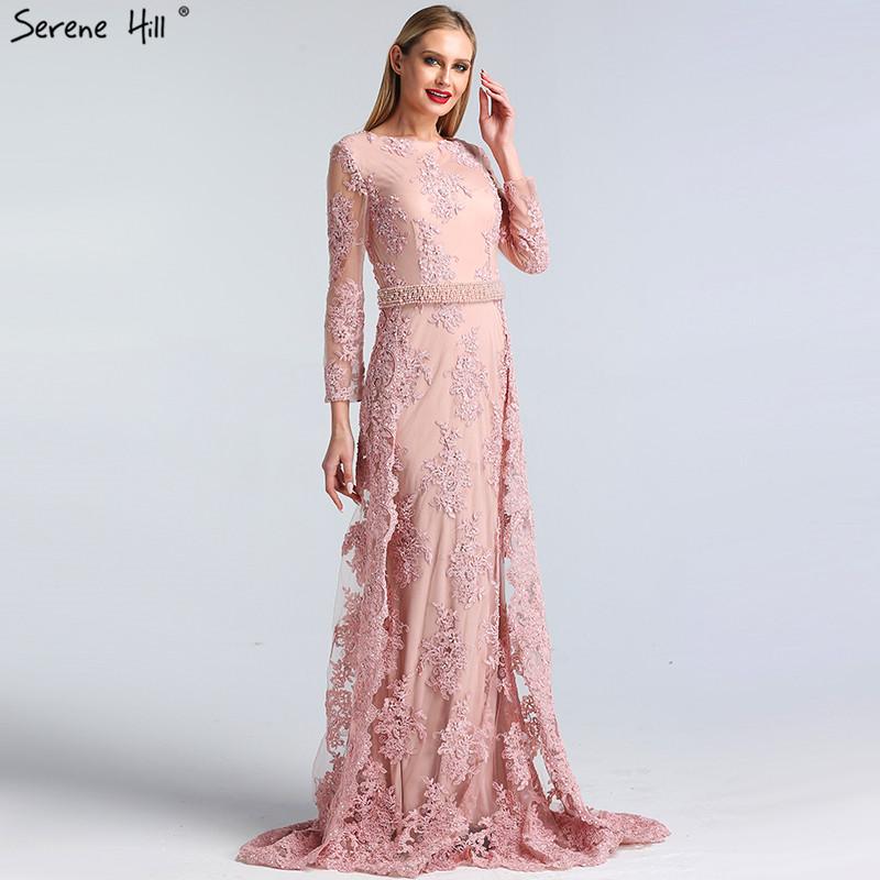 

Party Dresses Pink O-Neck Long Sleeves Lace Prom Gowns 2023 Pearls Sequined Mermaid Real Po BLA60982