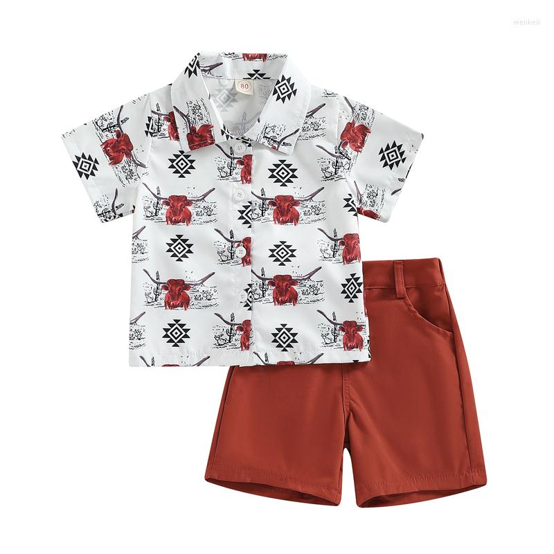 

Clothing Sets Toddler Boys Summer Outfit Short Sleeve Cattle Head/Cactus Print Shirt Solid Color Shorts