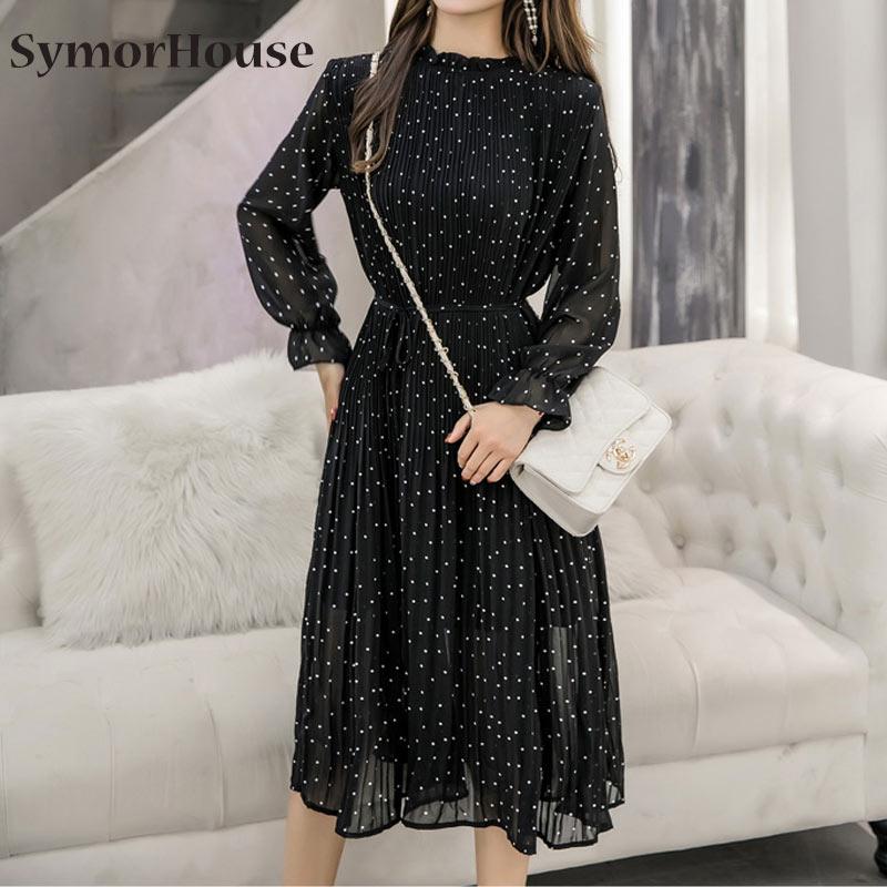 

Casual Dresses Black Vintage Clothes Spring Lady Long Chiffon Dress Korean Fashion Women Sleeved Autumn Polka Dot Pleated