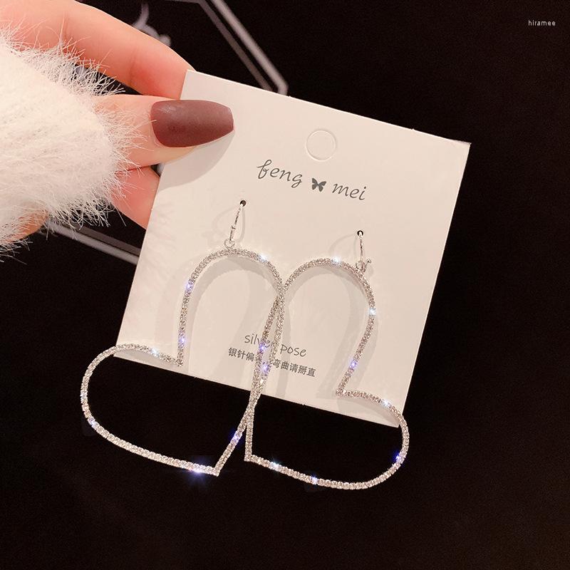 

Hoop Earrings 7cm Women's Hook Heart Rhinestone Korean Fashion Full Shining Large Simple Girl Love Party Gift