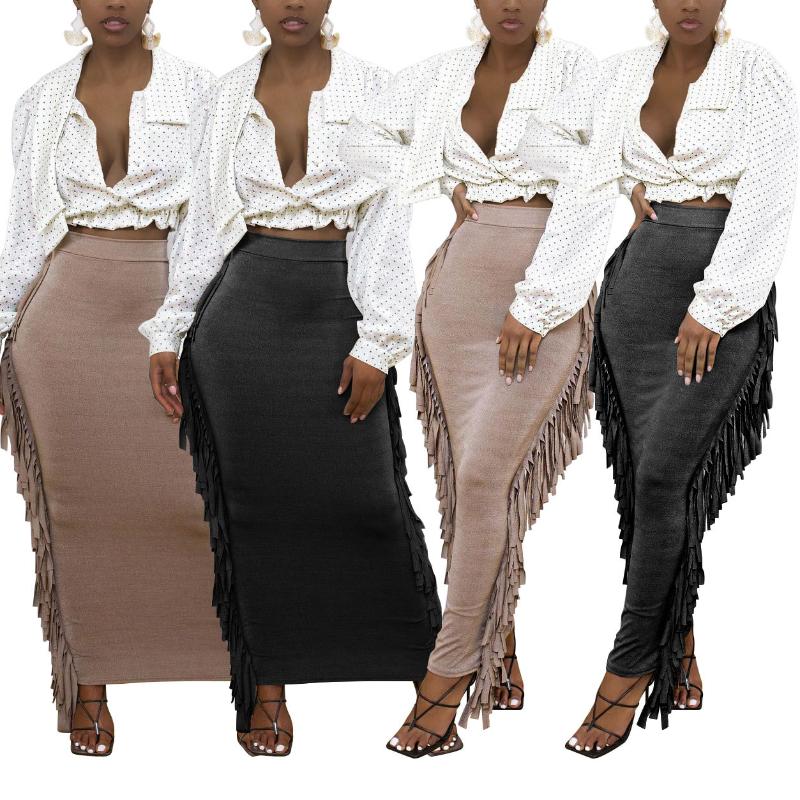 

Skirts Brand Women' Skirt Selling Cute Two Sides Tassel Half-Length Summer Street Hipster Solid Color Female Suit, Black