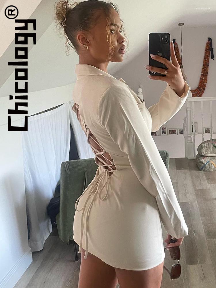 

Casual Dresses Chicology Sexy V Neck Backless Long Sleeve Slim Mini Dress Elegant Streetwear Festival Office Lady Event Autumn Women Clothes, Black