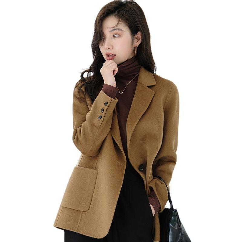 

Women' Wool & Blends Coats Khaki Blazer Cashmere Coat Vintage Notched Collar Pocket 2023 Fashion Female Casual Chic Tops Suit W, As shown 01