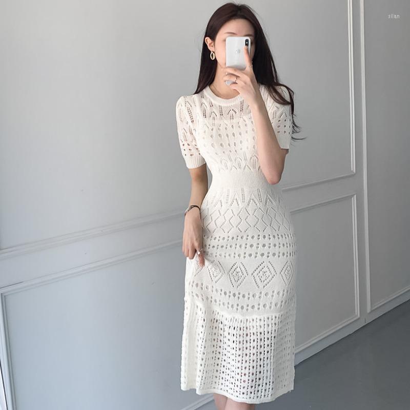 

Casual Dresses Chic Korean Temperament Slim Sexy Hollow Out O Neck Short Sleeve Wrap Hip Knitted Dress White Lady Summer 2023, Black