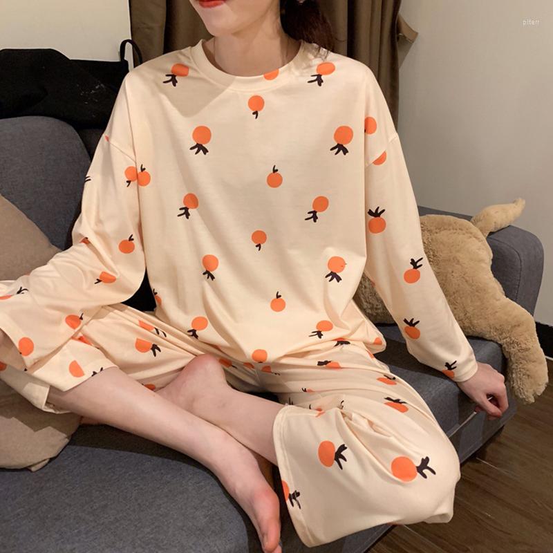 

Women's Sleepwear Women's Two Piece Pajamas Set Long Sleeve Loose Plus Size Home Wear Cartoon Fruit Printed Round Neck Top Trousers Suit