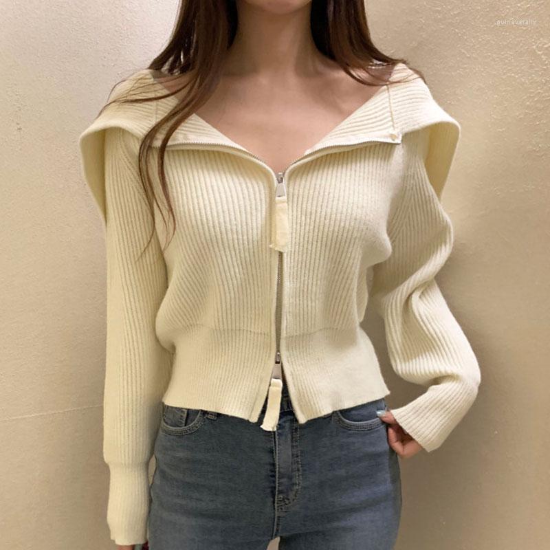

Women's Sweaters ZCSMLL Korean Autumn And Winter Vintage Lapel Double Zipper Design Sense Long Sleeve Knitted Cardigan Solid Color Sweater, Beige