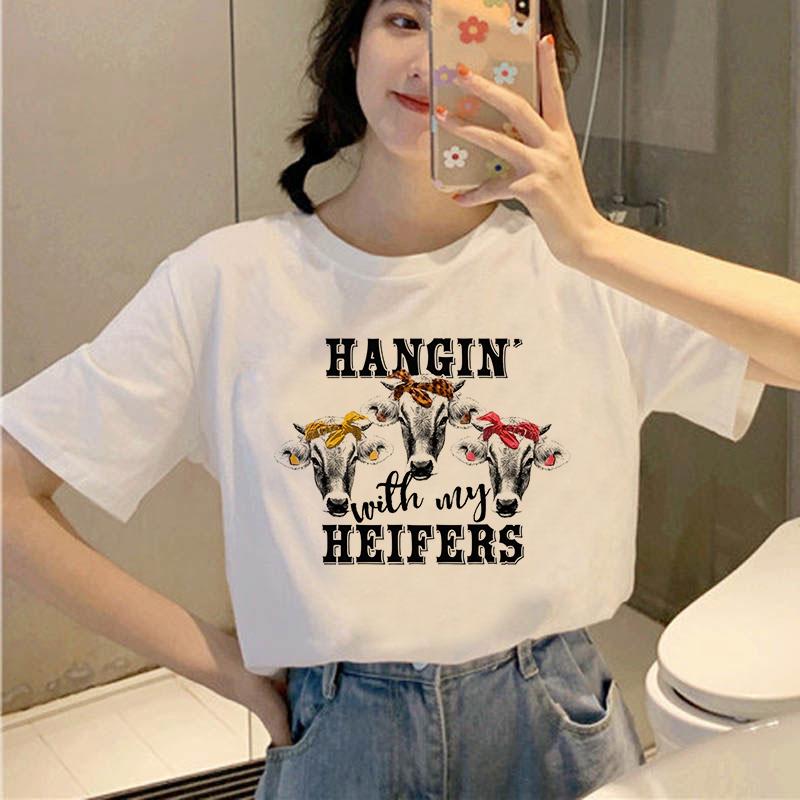 

Women' T Shirts Funny Cows Print Women Shirt Cartoon Short Sleeves Cute Female Kawaii Tees Fashion Clothing, 004154