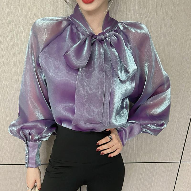 

Women' Blouses & Shirts Women Fashion Lantern Long Sleeve Bow Lace Up Chiffon Shirt Pullover Blusas Mujer De Moda 2023 Verano 941HWomen, Purple