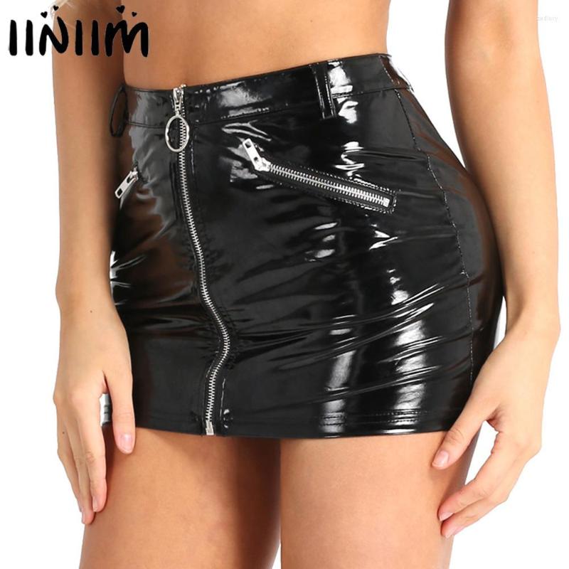 

Skirts Women Ladies Wetlook Costumes Femme Stretchy Faux Leather Fake Zipper Pockets Bodycon Sexy Club Mini Skirt Party Clubwear, Black
