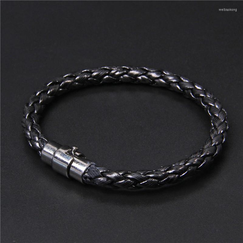 

Strand Men Fashion Black Leather Woven Bracelet Handmade Silver Color Magnetic Connection Buckle Charm Jewelry For