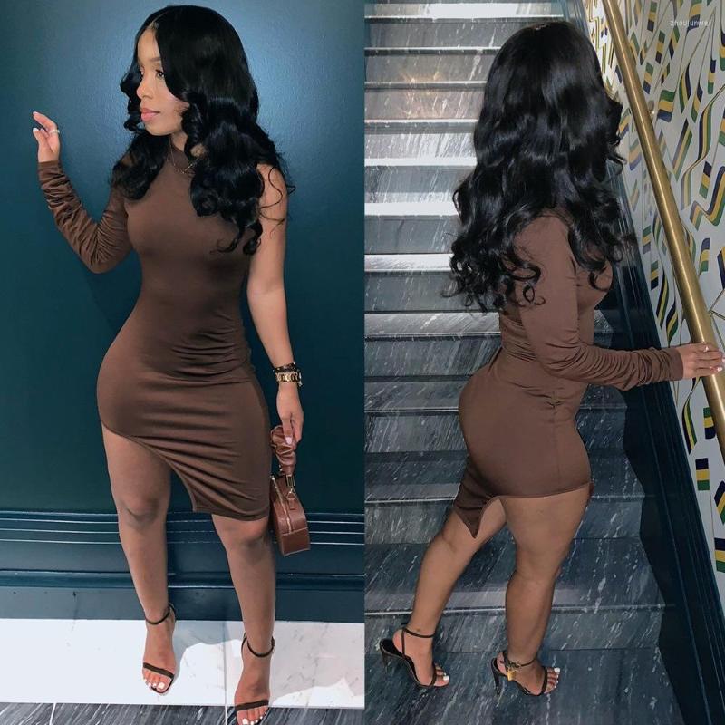 

Party Dresses Sexy One Shoulder Long Sleeves Asymmetry Skirt Hem Night Summer Fashion Simple Solid Color Mini Cocktail Vestidos, Brown