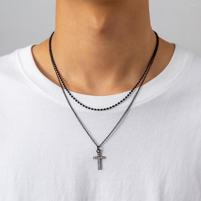 

Pendant Necklaces 3Color Layered Chain With Rhinestone Cross Necklace Men 2023 Trendy Simple On The Neck Fashion Jewelry Accessories