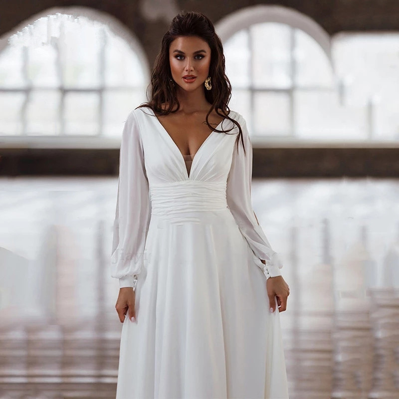 

Simple White Prom Dress Long Sleeve V Neck Chiffon Beach Prom Party Dress Bridal Dress Vestido de casamento, Royal blue