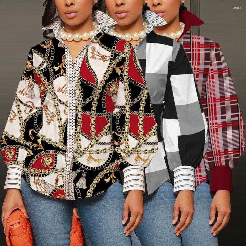 

Women's Blouses 2023 Sexy Slim Print Top Shirt Long Sleeve Lapel Single Brewed Lady Casual Style, White