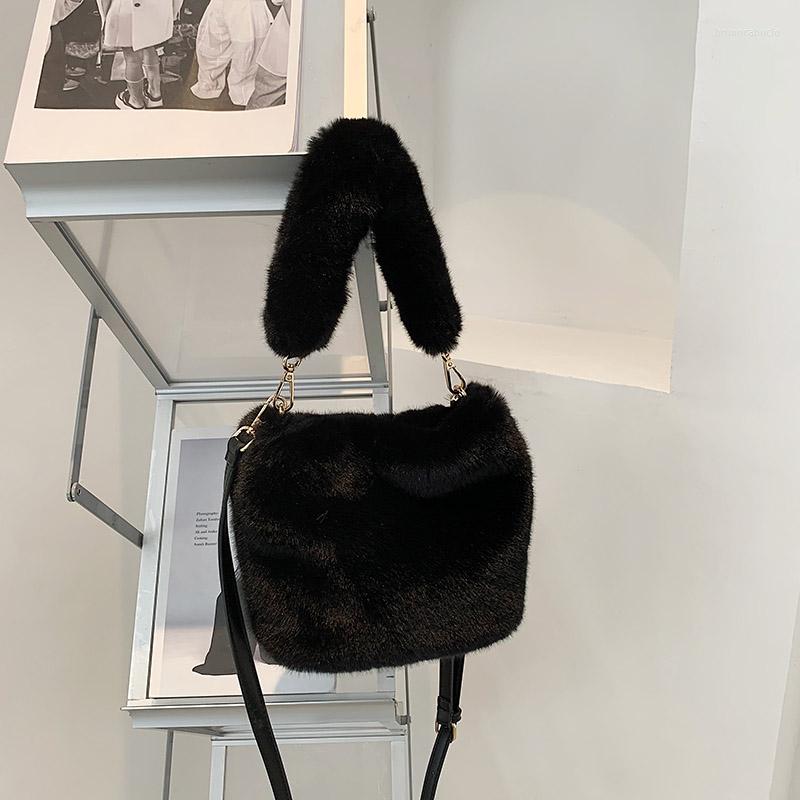 

Evening Bags Winter Brand Soft Warm Faux Fur White Handbags Women Candy Color Tote Designer Luxury Messenger Casual Bucket Bag, Black