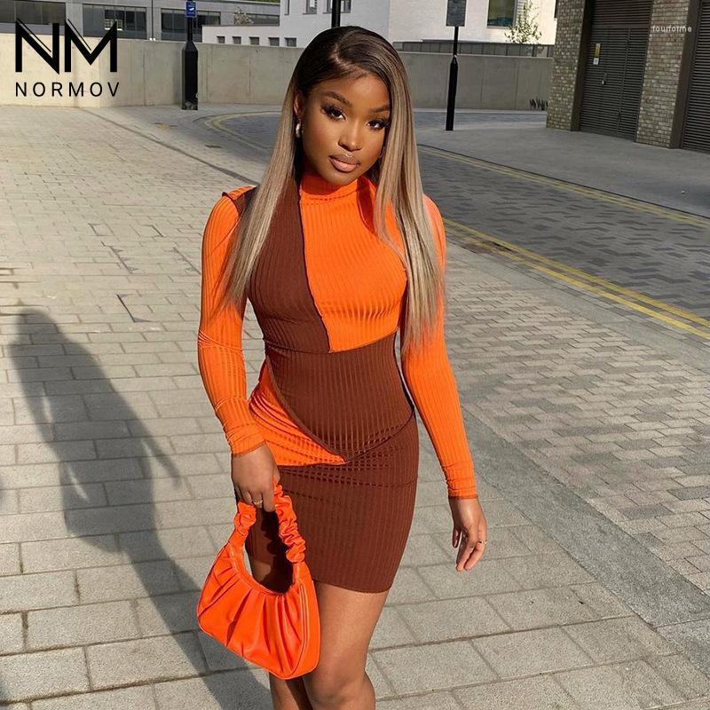 

Casual Dresses NORMOV Patchwork Dress Women Splicing Colour Knitting Slim Spring And Autumn Long Sleeve Short, Orange-brown