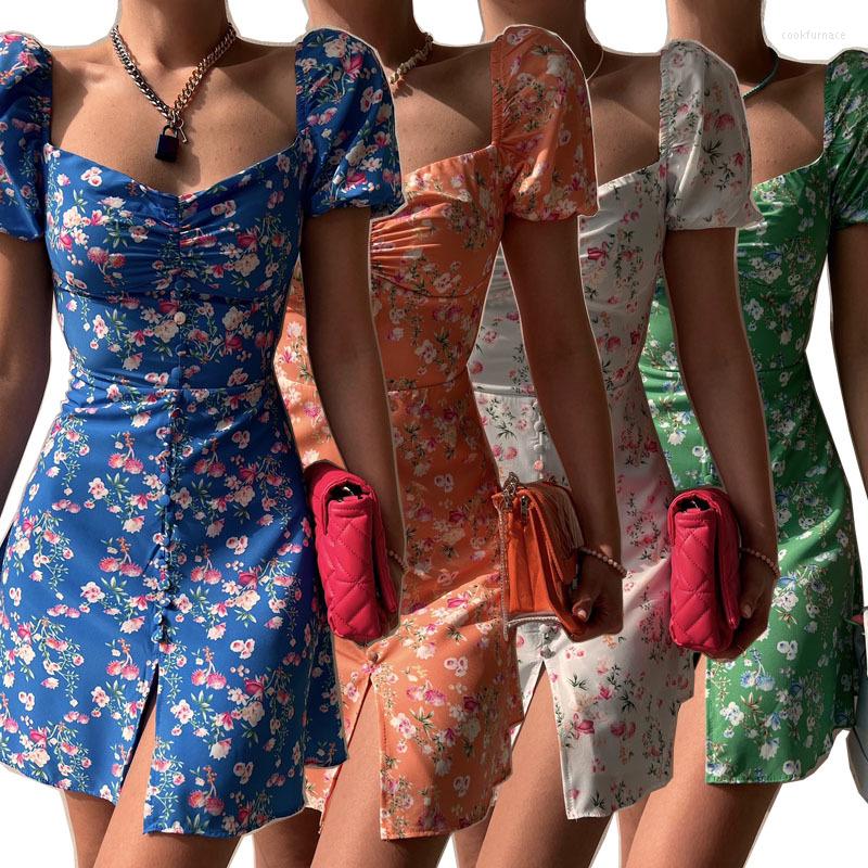 

Party Dresses Women Summer Floral Printing Ladies Casual Square Collar Puff Sleeve Slim Mini Dress, Blue
