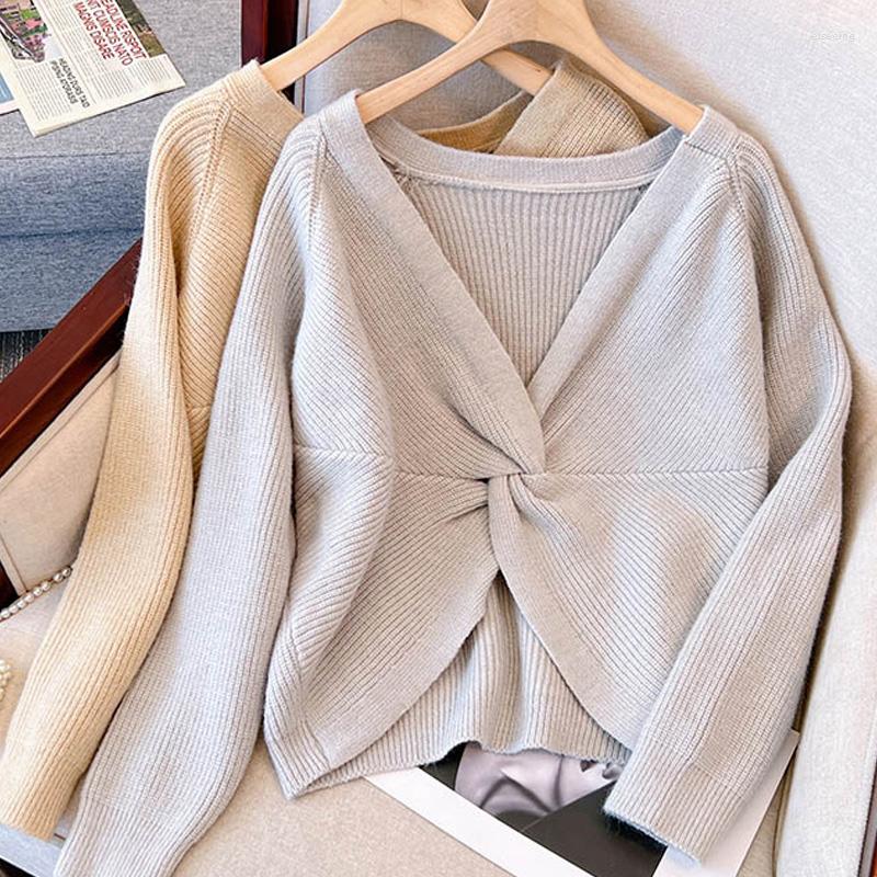 

Women's Sweaters 2023 Autumn Winter Sexy Irregular V Neck Sweater Women Casual Korea Ladies Womens Knitted Woman, Gray