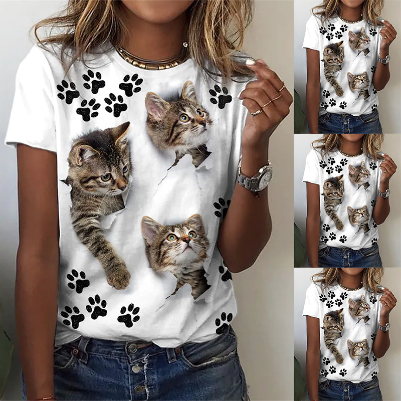 

European and American foreign trade fashion trend cross-border popular animal print short-sleeved round neck T-shirt in summer, Silver