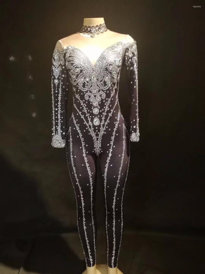 

Stage Wear Big Glass Diamond Full Sparkling Crystals Black Women Dj Jumpsuit Nightclub Birthday Party Dancer Singer Outfit, Jumpsuit only