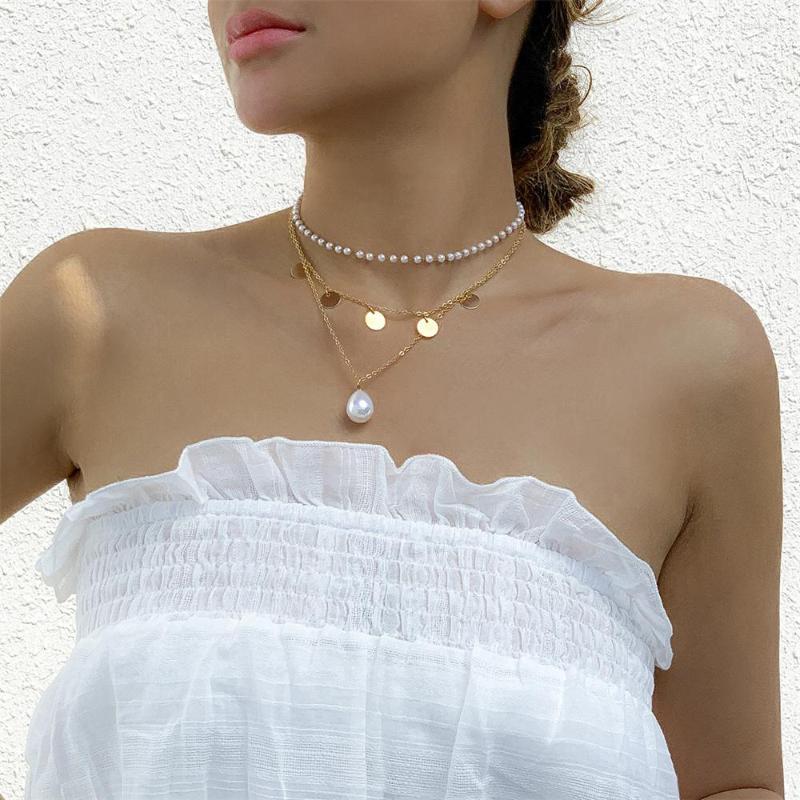 

Pendant Necklaces Fashion Multilevel Faux Pearl Chain Round Sequin Water Drop Necklace For Women Female Vintage Gold Plated Jewelry Gift
