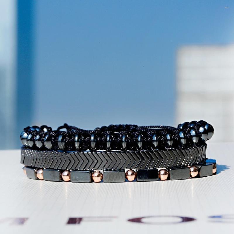 

Strand 3 Pieces/Lot Fashion Men's And Women's Bracelets Black Gallstone Beaded Hand-Knitted Adjustable Bracelet 2023 Jewelry Gift