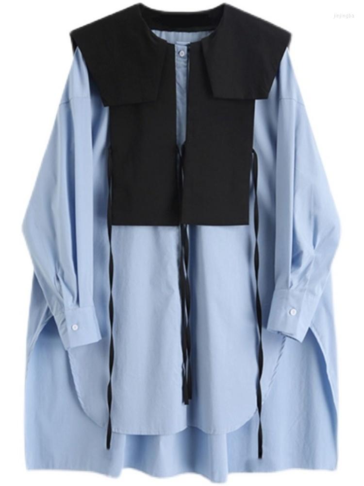 

Women' Blouses Casual All-match Turn-down Collar Contrast Color Patchwork Women Big Size Shirt 2023 Autumn Fashion Loose Straight Blouse, Blue