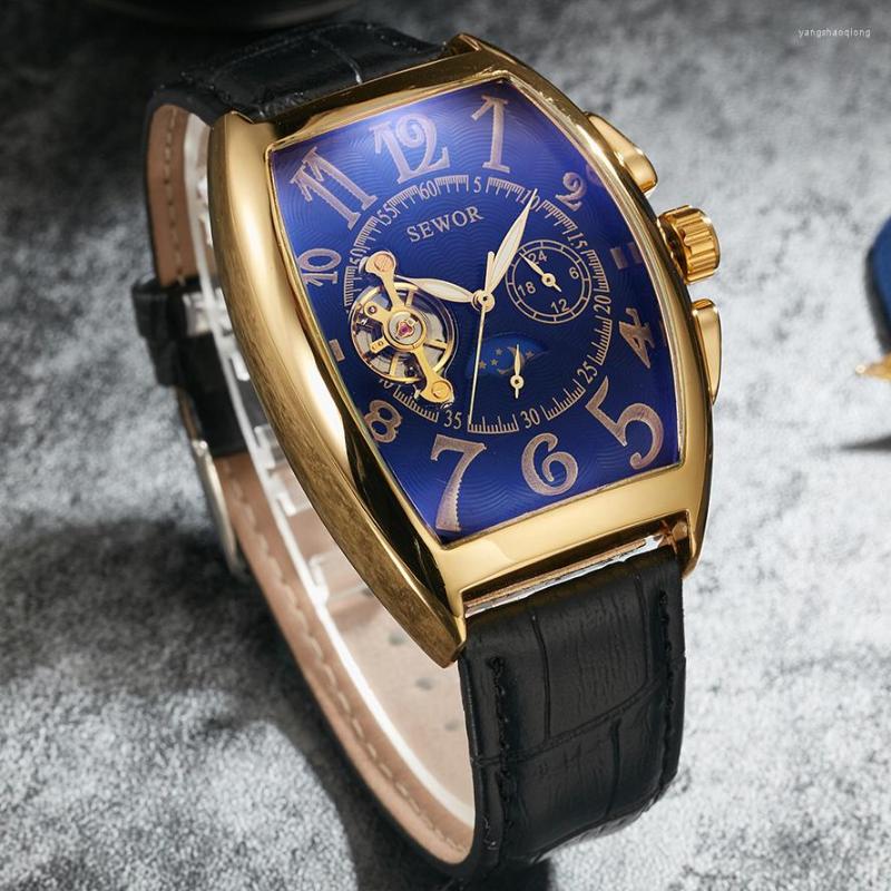 

Wristwatches Genuine Leather Band Automatic Mechanical Watch Male Self-winding Blue Gold TODO Men's Wrist Watches, Todo 2