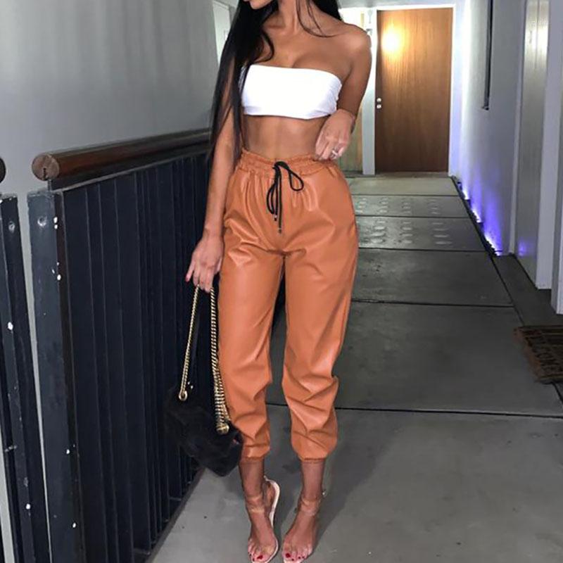 

Women' Pants Fashion Lady Elastic Waist PU Leather Pencil Women Drawstring Sweatpants Cool Trousers With Pockets Oversized Solid, Brown