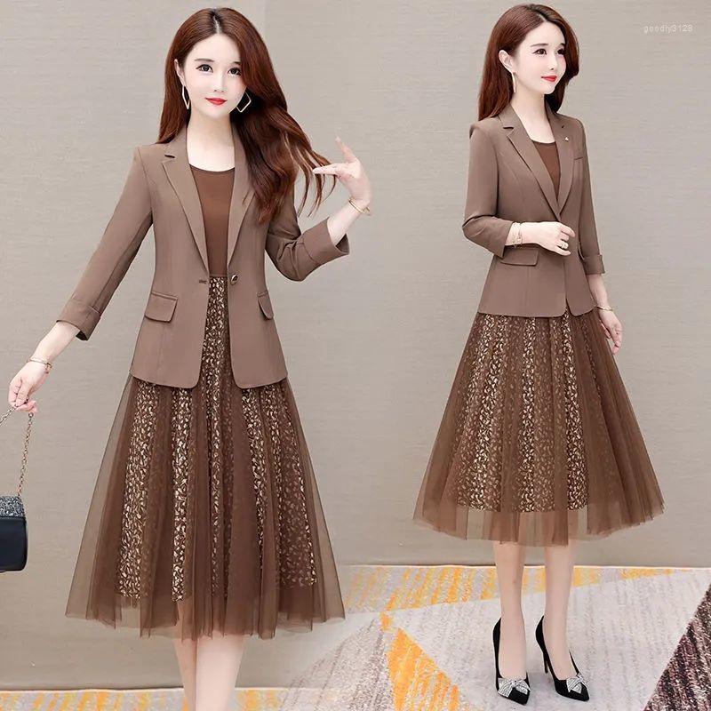 

Work Dresses Blazer Printing Chiffon Dress Suits Women's Female 2023 Waist Slim Mid-Long Simple Summer Mother Two-Piece Set Elegant, Blue