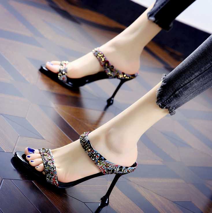 

Slippers Sexy European And American High Heel Sandals Color Matching Summer Diamond Open Toe Women's Shoes Half Slipper, 02