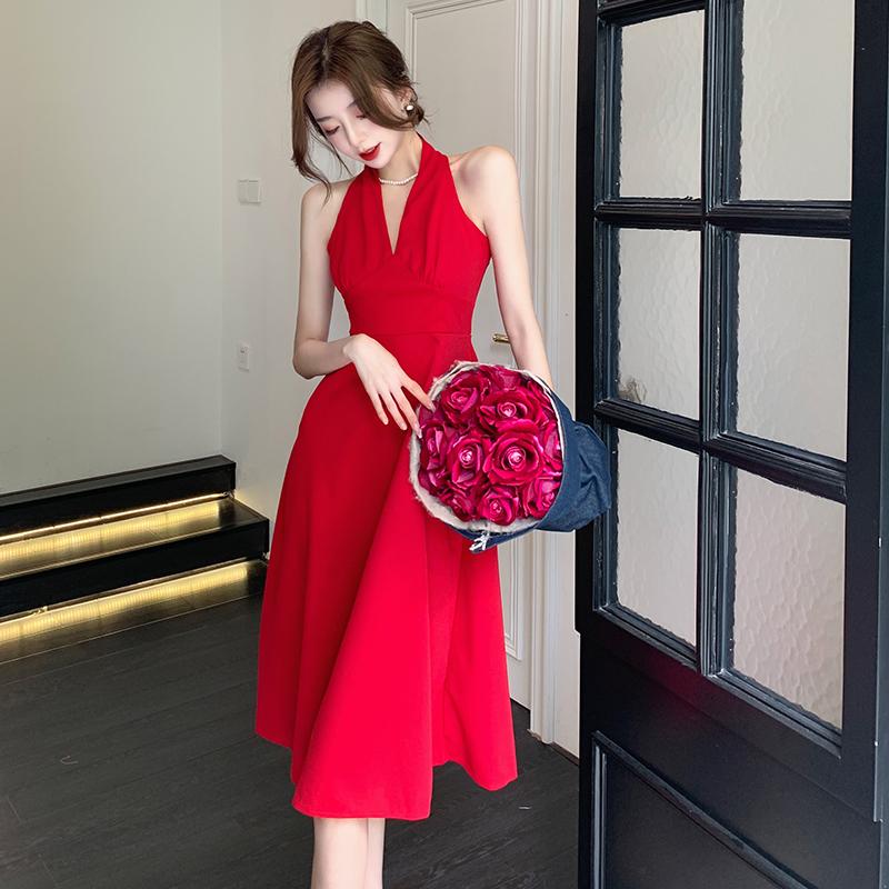 

Casual Dresses Hepburn Red Black Beach Elegant Summer Sundresses Lady Sexy V-neck High-waisted Slim Fit Halterneck Midi For WeddingsCasual