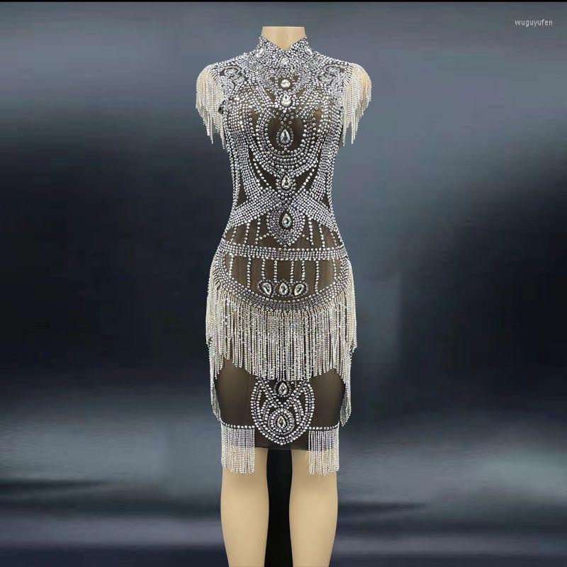 

Stage Wear Black Transparent Sparkly Rhinestones Chains Crystals Sleeveless Dress Evening Birthday Celebrate Costume Wedding Prom Party, Nude