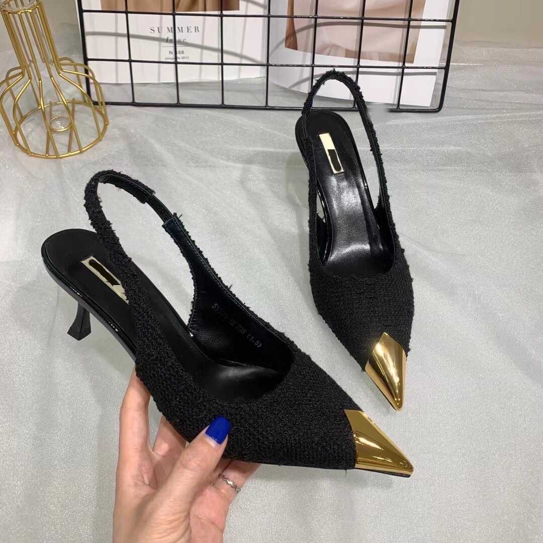 

Designer Shoes New fabric anti-collision steel head with shallow back strap in spring and summer of 2023 Thin medium heel temperament sandals for women, Black4