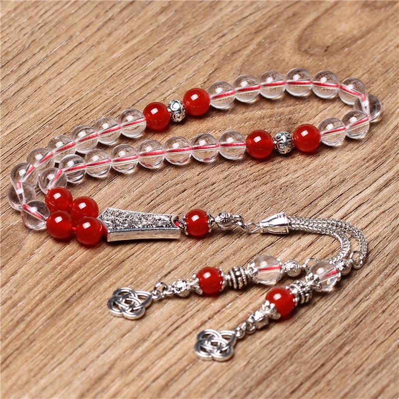 

Strand Beaded Strands High Grade Natural White Quartz Red Agate Islamic Tasbih Prayer Beads SibhaBeaded