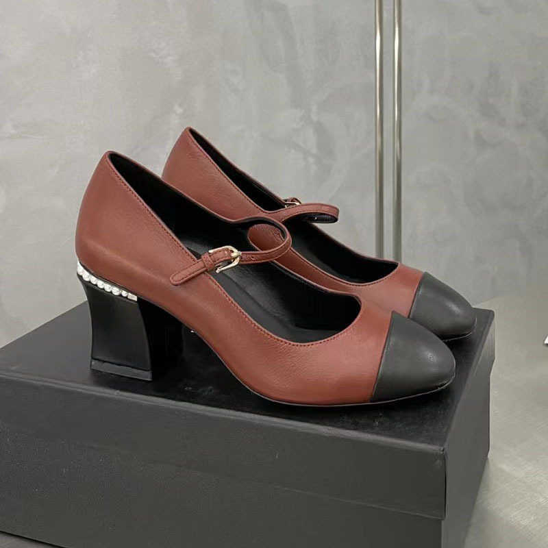 

Designer Edition Small Fragrance Mary Jane Classic Pearl Chain Single Color Contrast High Women's Shoes Shallow Mouth Low Heels, Reddish brown 7cm