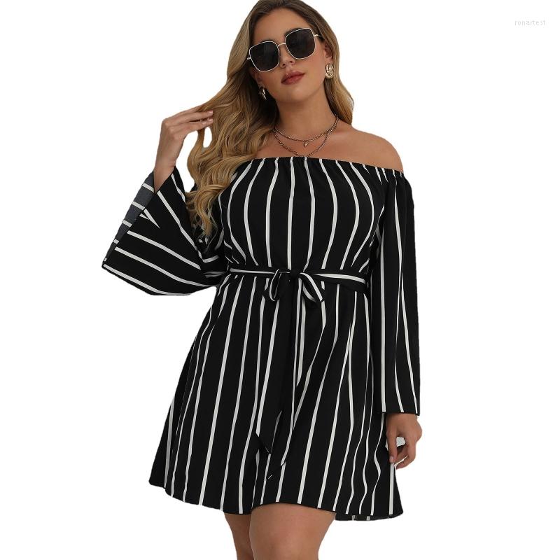 

Casual Dresses Women's Stripe Print Off Shoulder Dress Long Sleeve Short With Belt Y1QD, Xl