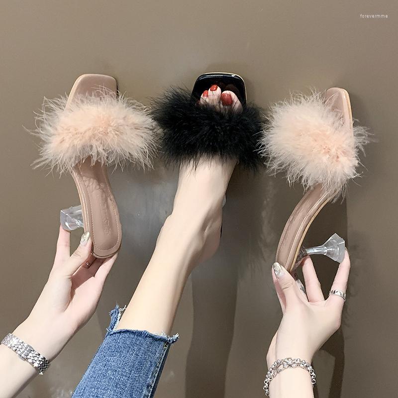 

Sandals 2023 Black/pink Fur Women Strange High Heels Summer Shoes Furry Slippers Brand Crystal Heeled Feather Sandalias Mujer