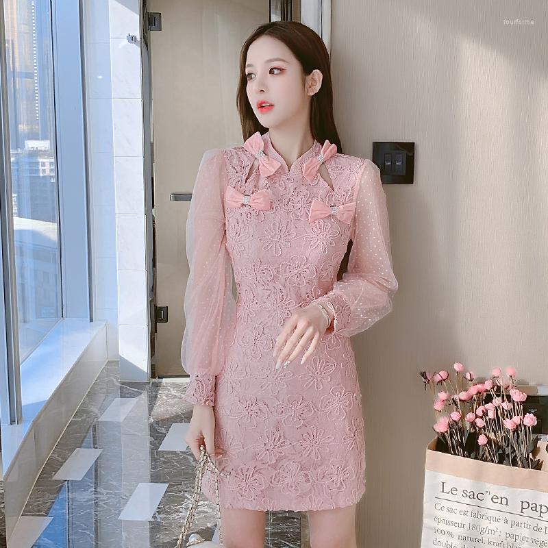 

Casual Dresses YiLin Kay 2023 Fashion Women Party Dress Retro Improved Cheongsam Bowknot Three-Dimensional Pattern Slim A-Word, Pink