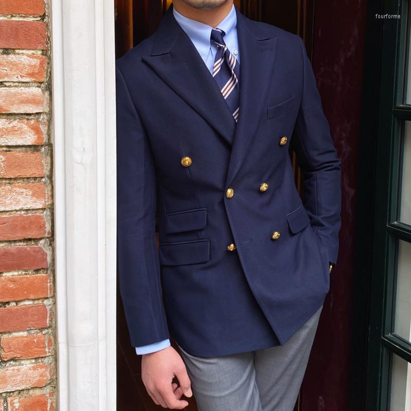 

Men's Suits Navy Blue Wedding Blazer Men Gentleman Suit Jacket Gold Buttons Casual Slim Fit Double Breasted Business Male Only, Same as picture