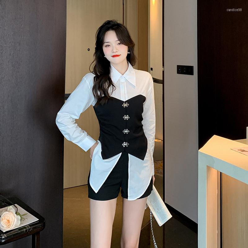

Work Dresses Autumn Temperament Two-piece Set French Stitching Shirt Button Irregular Tops Black Shorts Suit 2pcs Female, Long sleeve set