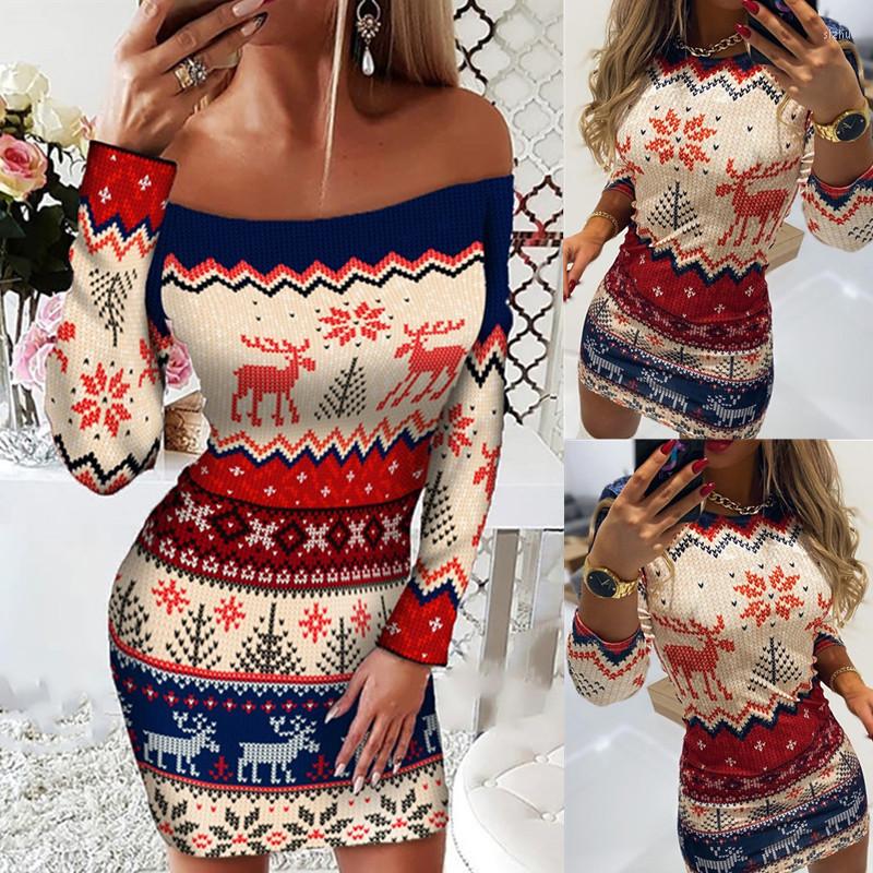 

Casual Dresses 2023 Autumn And Winter Christmas Ladies Fashion Print Hedging Sexy Slim Long-Sleeved Dress, Red