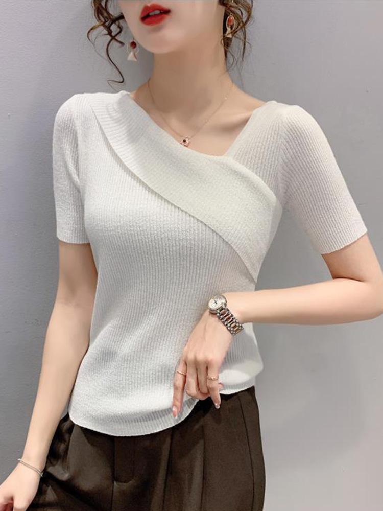 

Women's T Shirts White Shirt 2023 Knitted Tops For Women Summer Thin Skew Collar Short Sleeve Tshirt Woman Clothes Tee Femme, Black