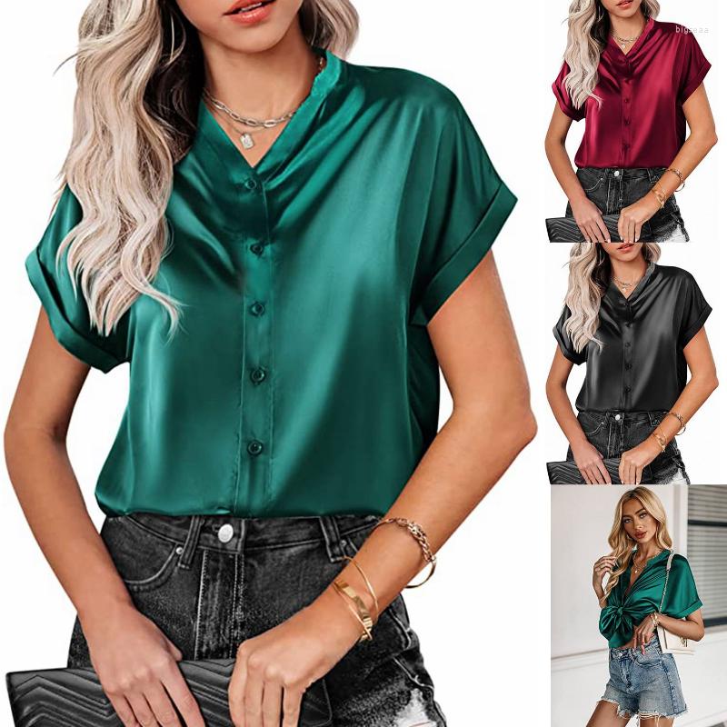 

Women' Blouses 2023 Summer Loose Silk Blouse Women Solid Short Sleeve Satin Women' Shirt Casual Fashion Green Office V-neck Tops 24907, Black