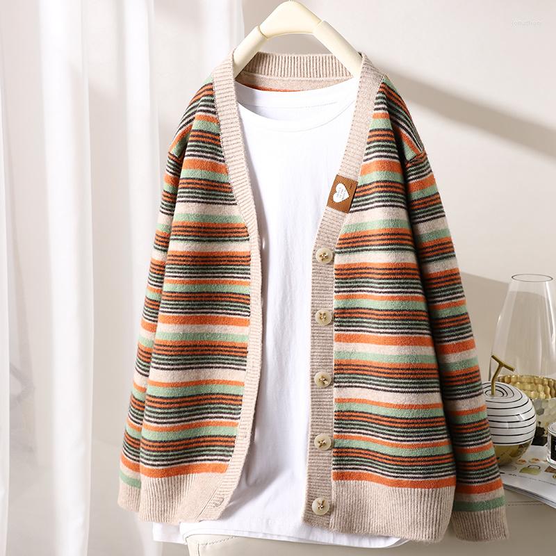 

Women's Tanks Soxu Autumn V-neck Color Cardigan Sweater Women's Age Reduction Versatile Stripe Long Sleeve Button Top Fashion, Beige