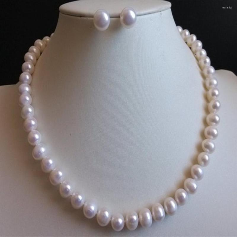 

Necklace Earrings Set Hand Knotted 8-9mm White Freshwater Nearly Round Pearl Fashion Jewelry, Picture shown
