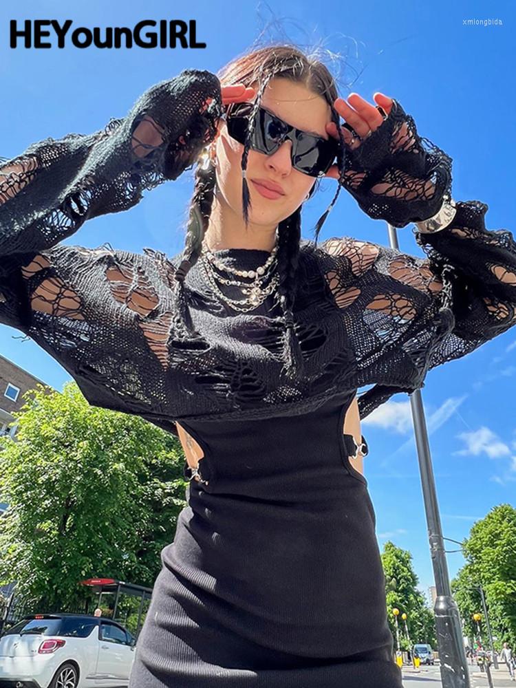 

Women' T Shirts HEYounGIRL Ripped Hollow Sexy Black Crop Tops Loose High Street Long Sleeve Tshirt O Neck Fashion Goth Tee Pullovers Summer
