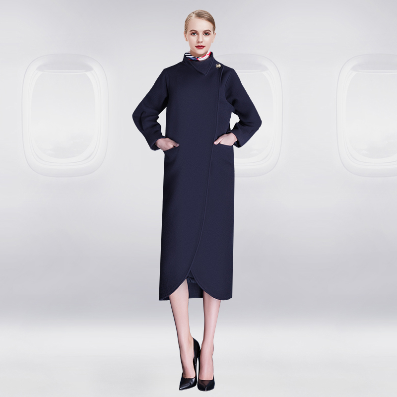 

Singapore Trend Airline Company Occupation Dress New Woman Spring Autumn Long Woolen Coat Stewardess Uniform Clothing Lady, Navy blue