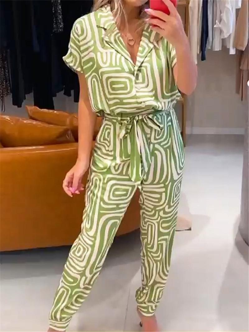 

Women' Two Piece Pants Summer Suit Collar Printing Short-sleeved Shirt High Waist Pencil Trousers Set For WomenWomen, Photo color