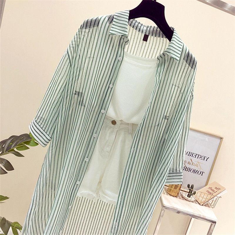 

Women' Blouses & Shirts Women Coat 2023 Summer Sun Protection Shirt Tops Loose Retro Blouse Jacket Female Stripe Print Breathable Thin Oute, Fen